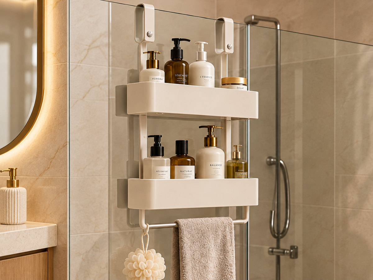 Cream Over-Glass Two-Tier Shower Caddy