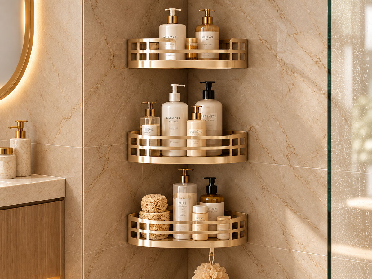 Brushed Gold Three-Tier Corner Shower Caddy
