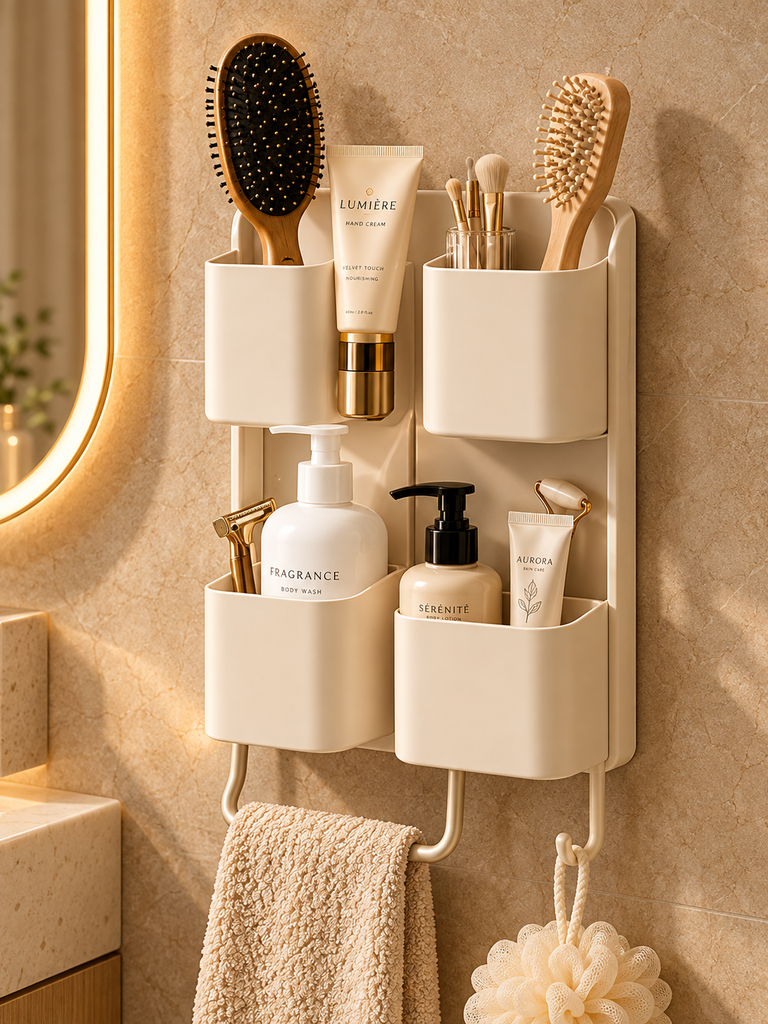 Cream Four-Pocket Bathroom Wall Organizer